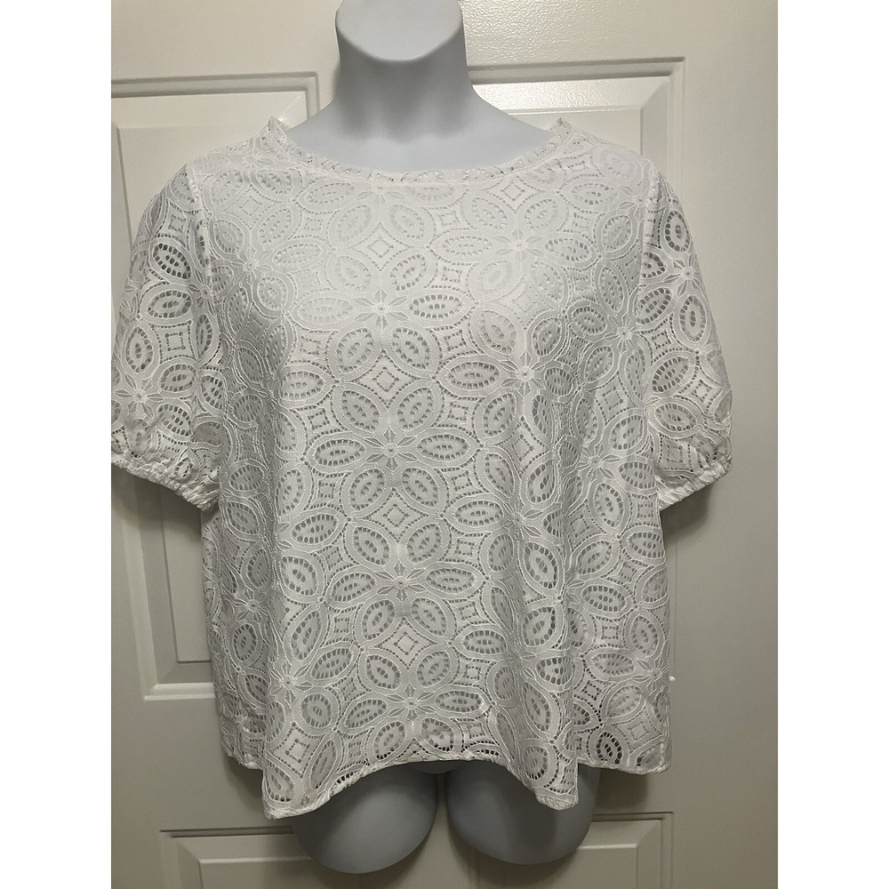 NWT Loft‎ White Embroidered Women's Short sleeved  Shirt Top Size XL